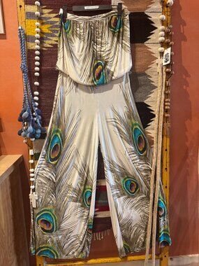 Peacock Feather Print Wide Leg Jumpsuit Medium